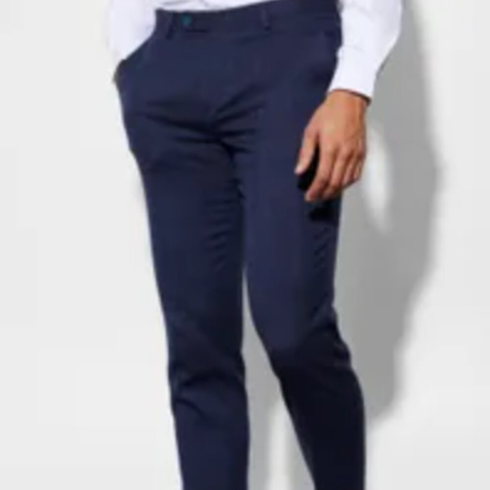 boohooMAN Slim Crop Navy Windowpane Dress Pants, 34S, EUC